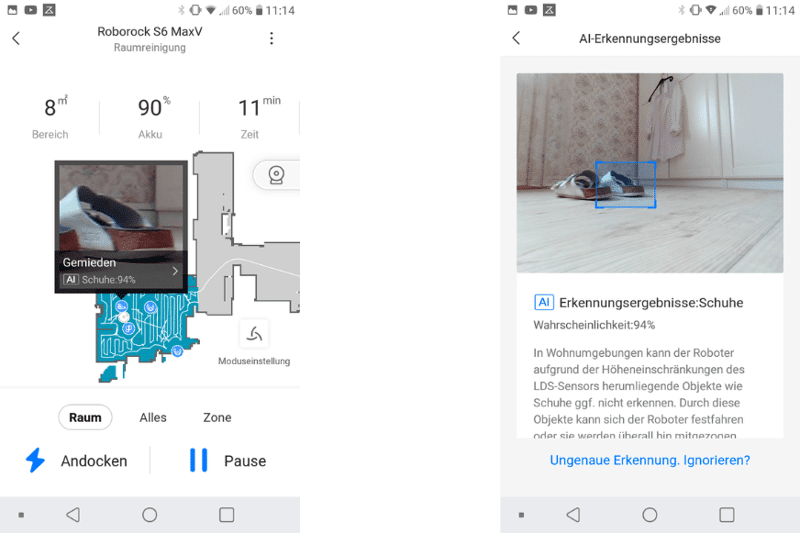 Отображение обнаруженных препятствий Roborock S6 MaxV в мобильном приложении Арр.